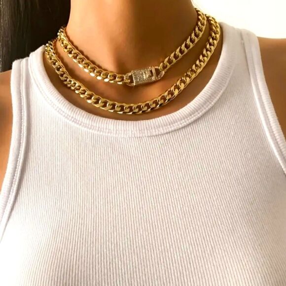 2 Pcs Statement Chunky Chain Necklace Set Inlaid with Shiny Rhinestones - Picture 1 of 11